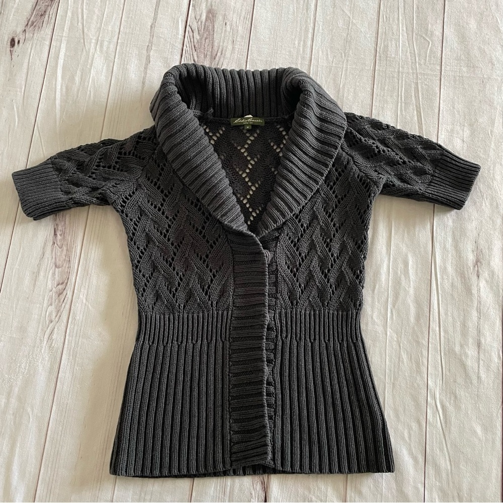 Eddie Bauer Shawl Collar Knit Cardigan Sweater Women’s M Gray Short Sleeve Y2K - Picture 11 of 16